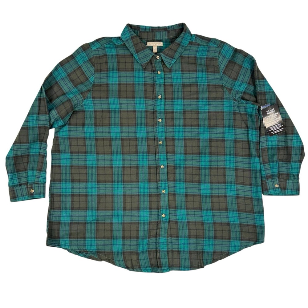 Woman Within Womens 22/24 1X Green Plaid Cotton Long Sleeve Flannel Shirt NWT